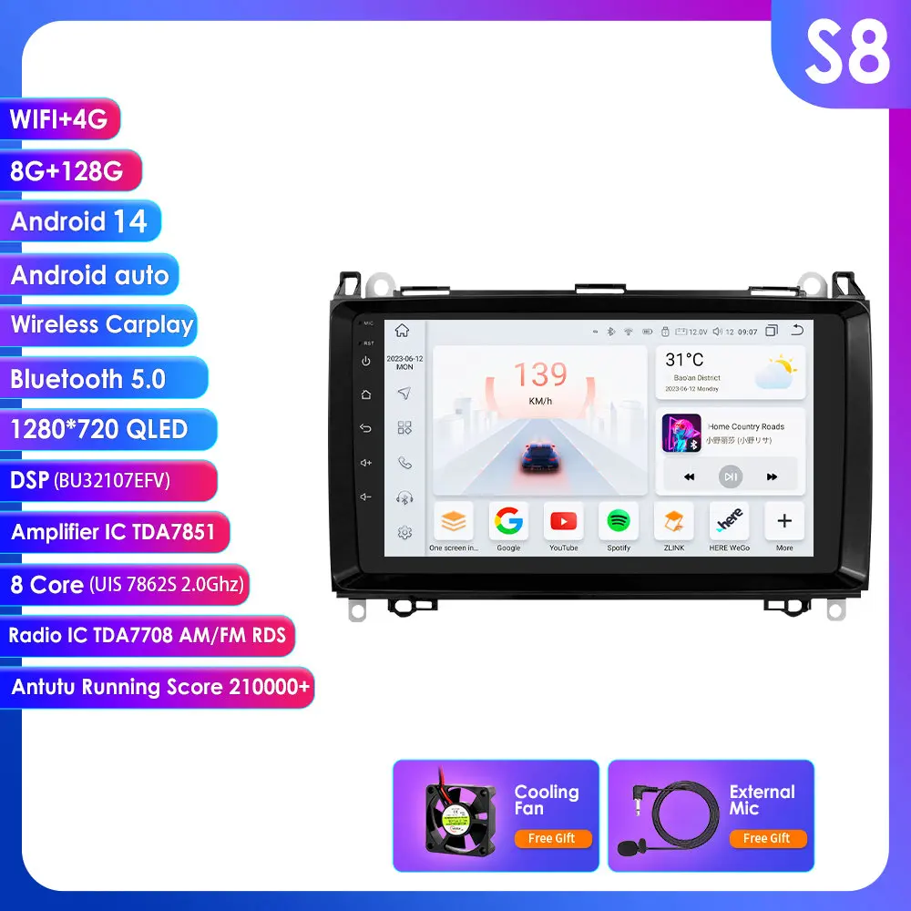 Hizpo 9" Android autoradio voor Mercedes Benz W169 W245 B200 W906 B906 Sprinter W639 Vito, draadloze CarPlay, Android Auto, GPS-navigatie, multimedia-speler, IPS-scherm, stereo, WiFi, 4G, Bluetooth,