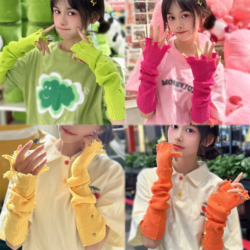 Cute Korean Style Knitted Ripped Arm Sleeves Hole Y2k Long Fingerless Gloves Dopamine Color Spicy Girl Warm Arm Covers JK