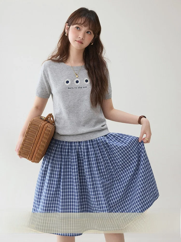 

Оригинальный вязаный топ AMUU North Island с вышивкой, круглым вырезом и коротким рукавом, женский летний облегающий топ в корейском стиле, повседневная одежда