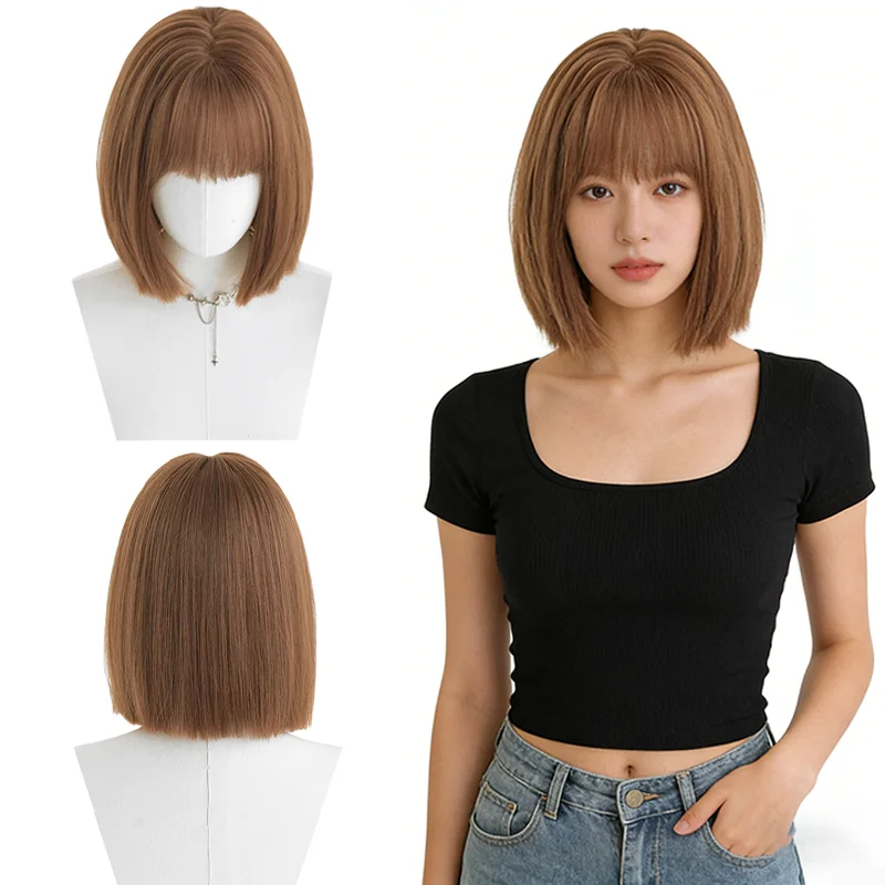 

Short Brown Bob Wig With Bangs For Women Natural Looking Synthetic Heat Resistant Wig Full Head Daily Wear Cosplay Party