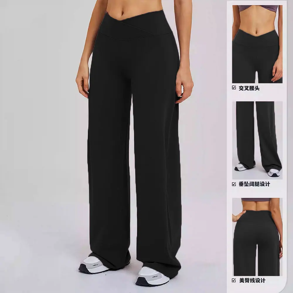 Relaxed Sporty Wide Leg Pants With Cross Waistband Loose Straight Trousers For Women Ideal For Running Fitness Pilates And Yoga