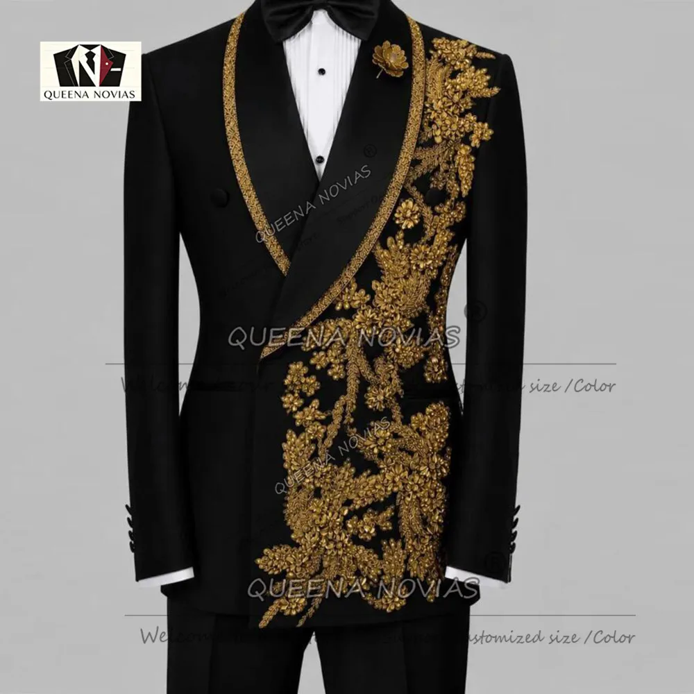 Luxury Men's Suit For Wedding Sparkly Beaded Stones Appliques Double Breasted Groom Prom Blazer Customized Man Banquet Clothing