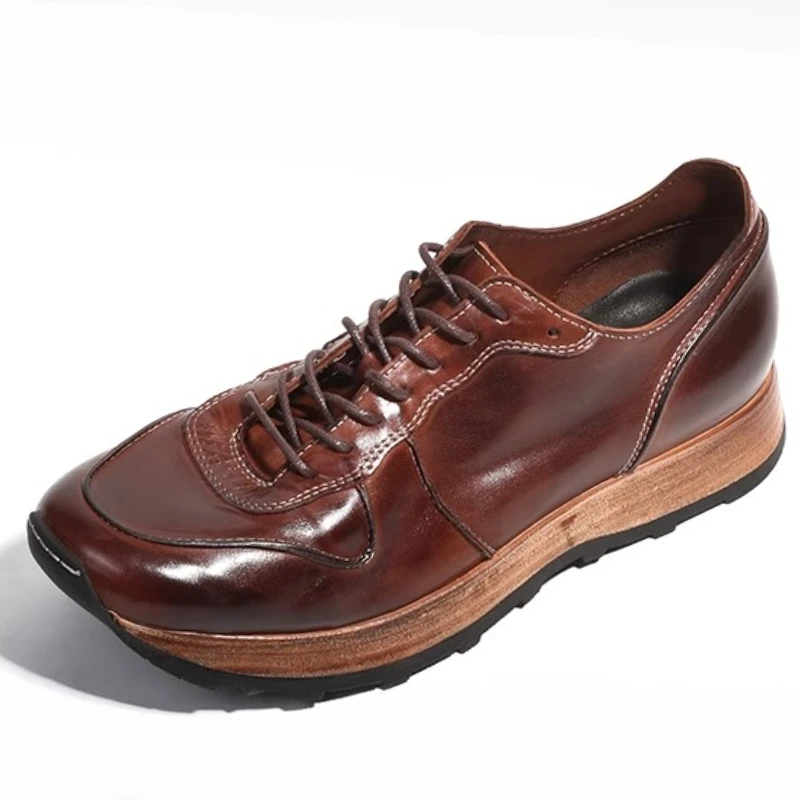 

Мужские туфли в стиле ретро, сшитые вручную из воловьей кожи/стираной конской кожи, спортивные повседневные кроссовки, мужская обувь из натуральной кожи на толстой платформе