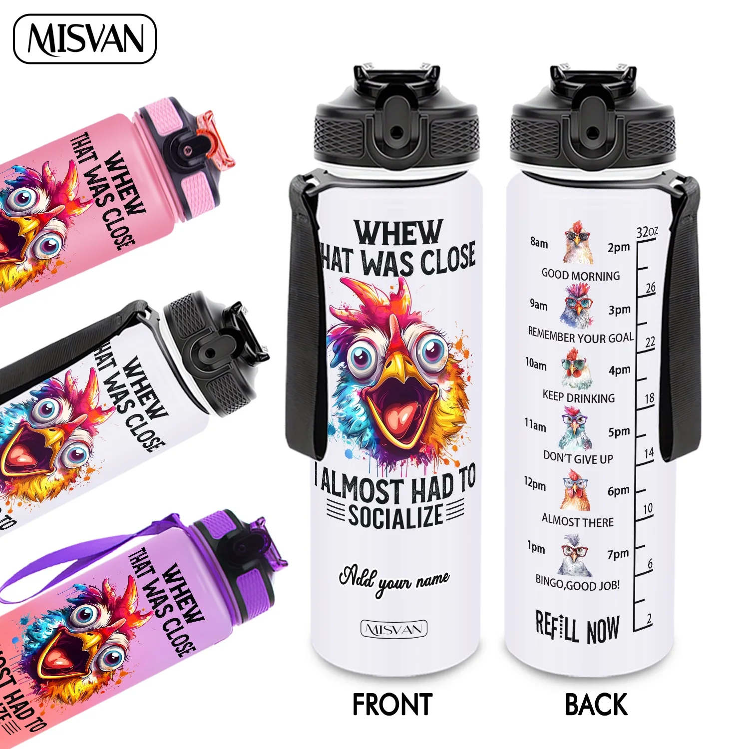 

1PC,Customization Name 32oz Water Bottle,Funny Rooster Print Time Scale,Encourage Daily Hydration,for Gym Outdoor Cycling