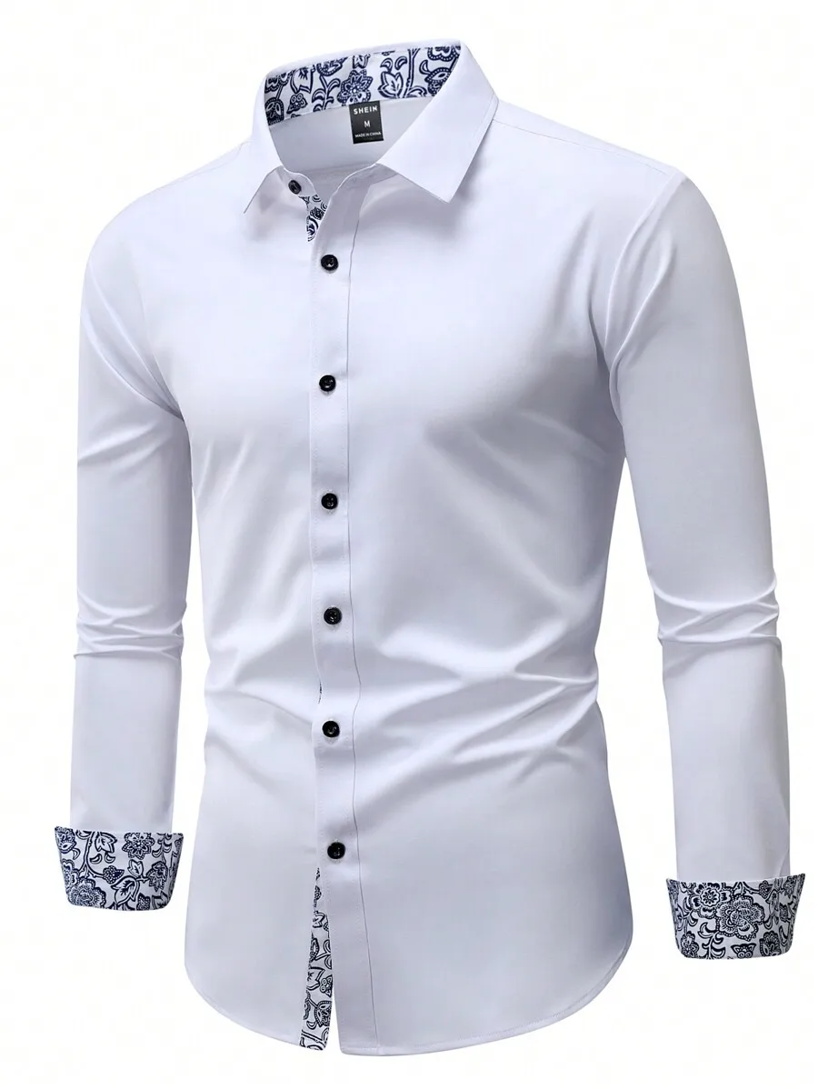 

Men's White Slim Fit Long Sleeve Dress Shirt with Floral Print Cuffs and Collar