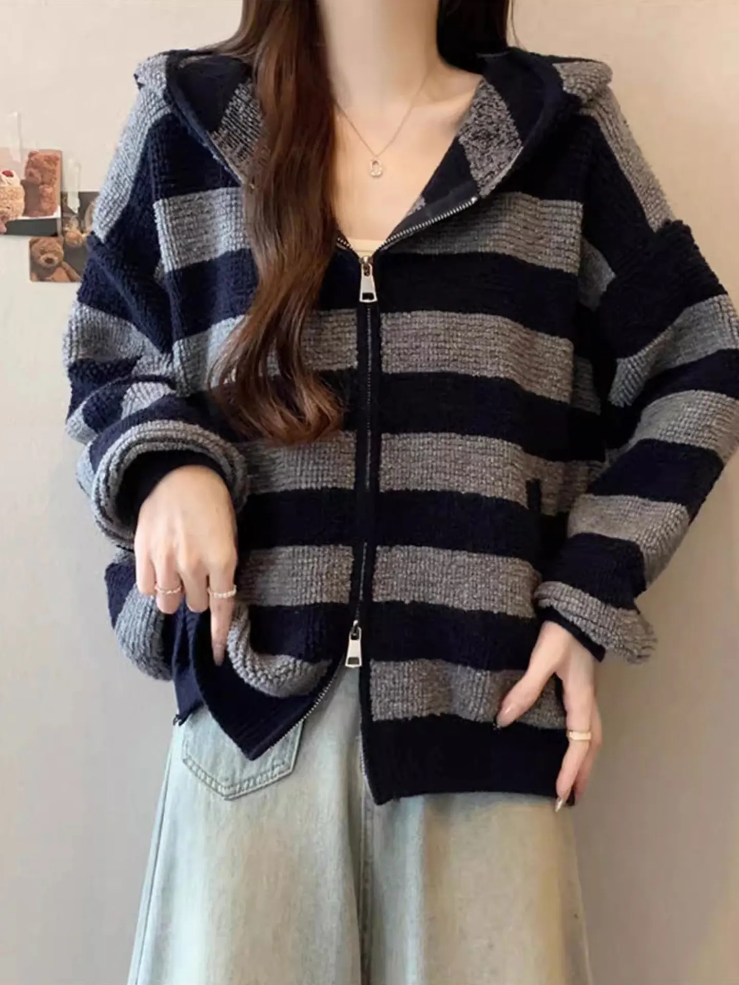 

Ladies' Oversized Knitted Hoodie Jaet Striped Casual Sle Long Sve Thiened Autumn Winter Outerwear Zipper Cardigan