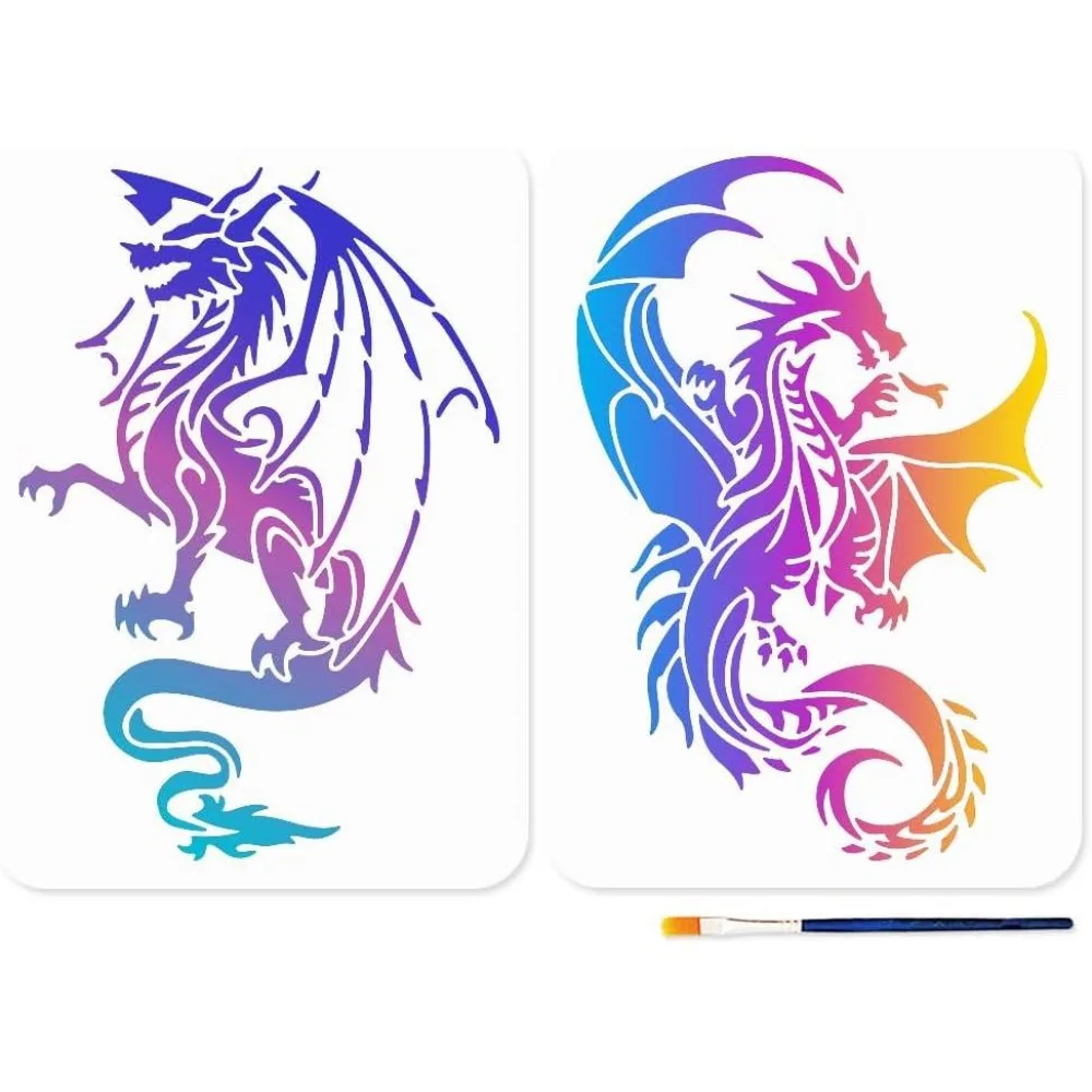 Dragon Stencils for Painting A4 Size 11.7x8.3 inch 2 Pack with Paint Brush Reusable Craft Templates for Wood DIY