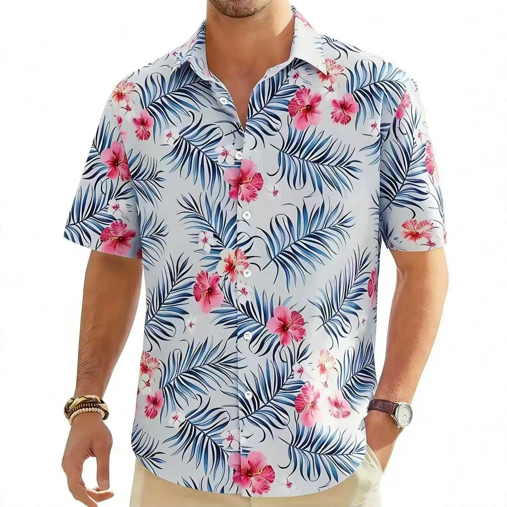 Minimalist White Palm Leaf Shirt with Cool Feel Simple and Not Fancy Loose Short Sleeved for Young People