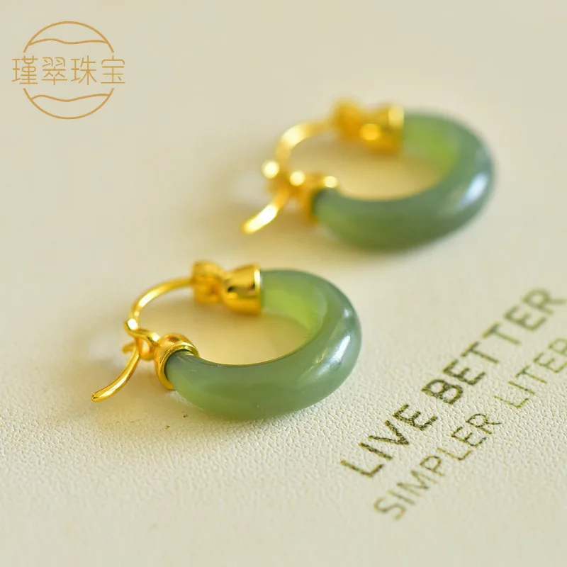 Versatile Pendant S925 Silver Inlaid With Hetian Jade, Fashionable Handmade New Vintage Style Women'S Earrings