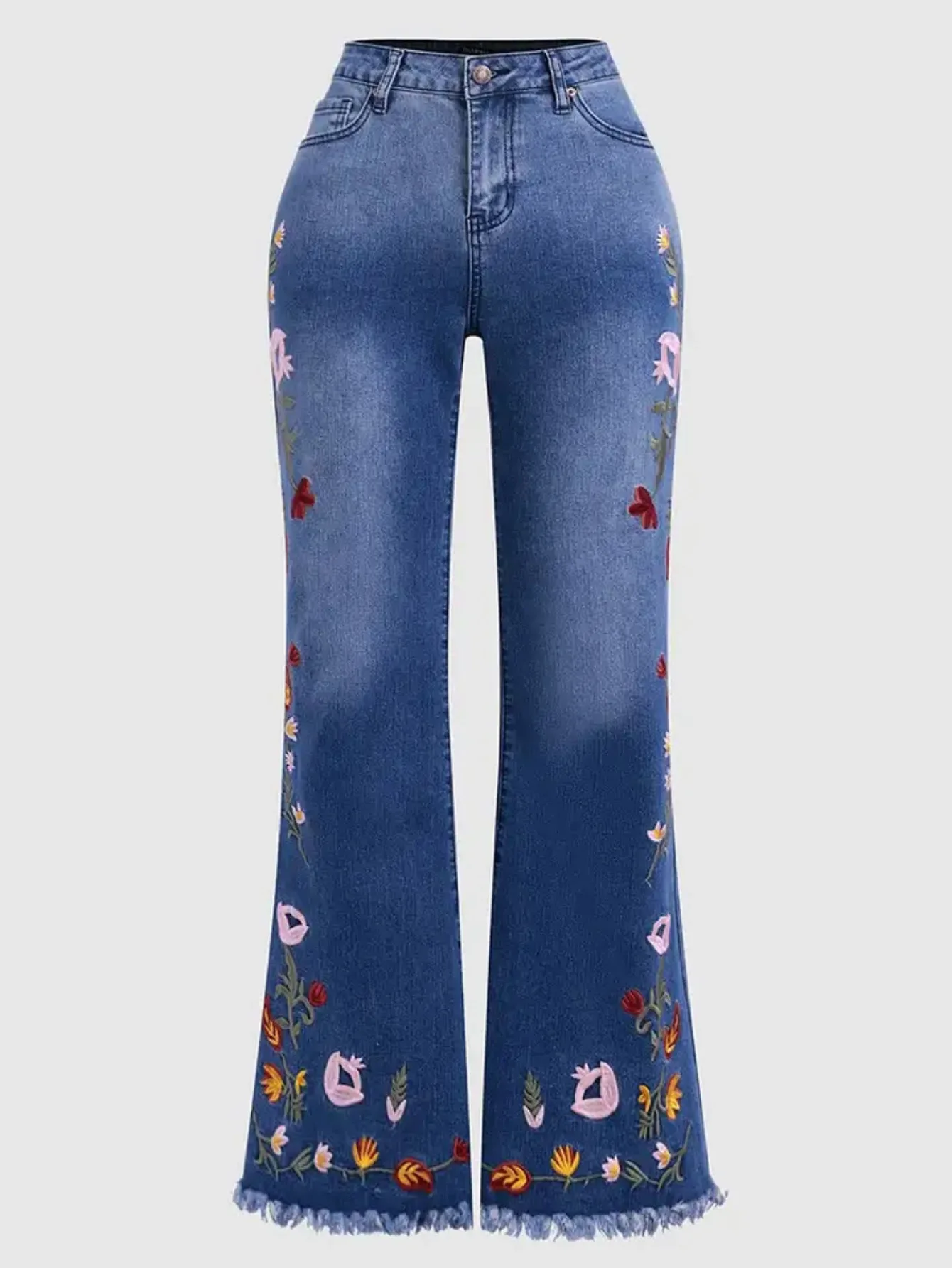 Women's Floral Embroidery Flared Jeans High Waist Bell Bottom Denim Pant Fringe Hem Embroidered Trousers Casual Daily Streetwear