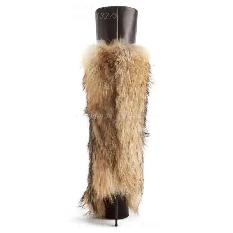 Fox Fur Knee High Boots Stiletto Thin High Heel 2026 Trending Winter Women Boots Pointy Toe Zipper Handmade Hot Sale Shoes