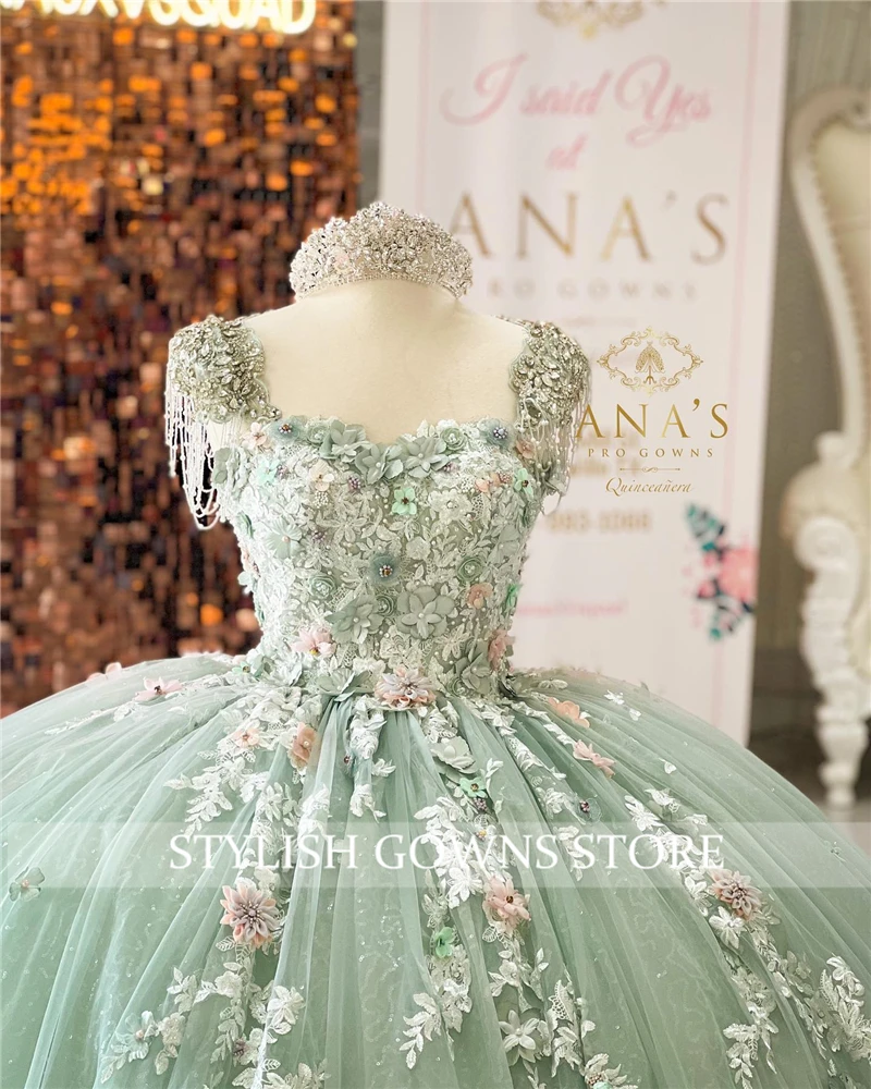 Ánh Sáng Xanh Người Yêu Bóng Đồ Bầu Quinceanera ĐẦM ĐÍNH HẠT Appliques Sinh Nhật Váy Xòe Áo Đầm Vestido De 15 Anos Ngọt Ngào