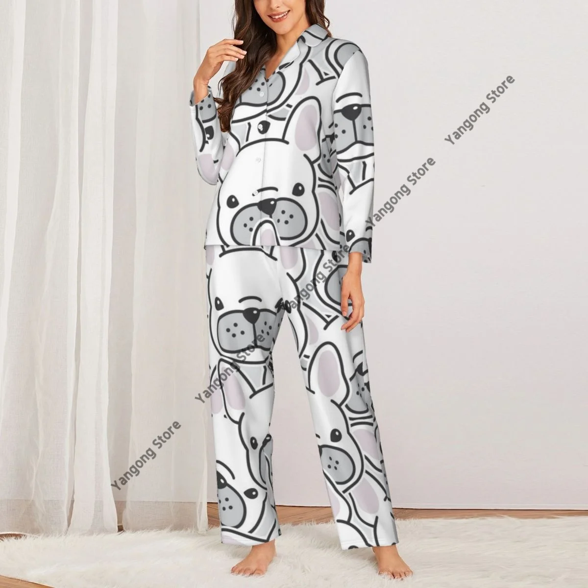 Women Sleepwear Pajamas French Bulldog Puppy Face Dog Head Pattern Long Sleeve Pijama Female Set Negligee Cardigan Suit