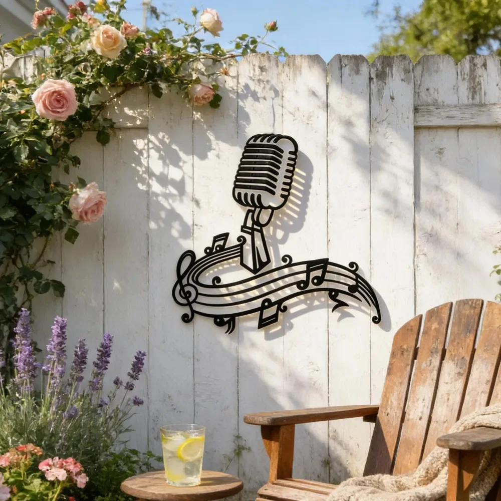 Vintage Microphone Metal Wall Art, Music Notes Decor, Music Studio Mural, Singer Gift
