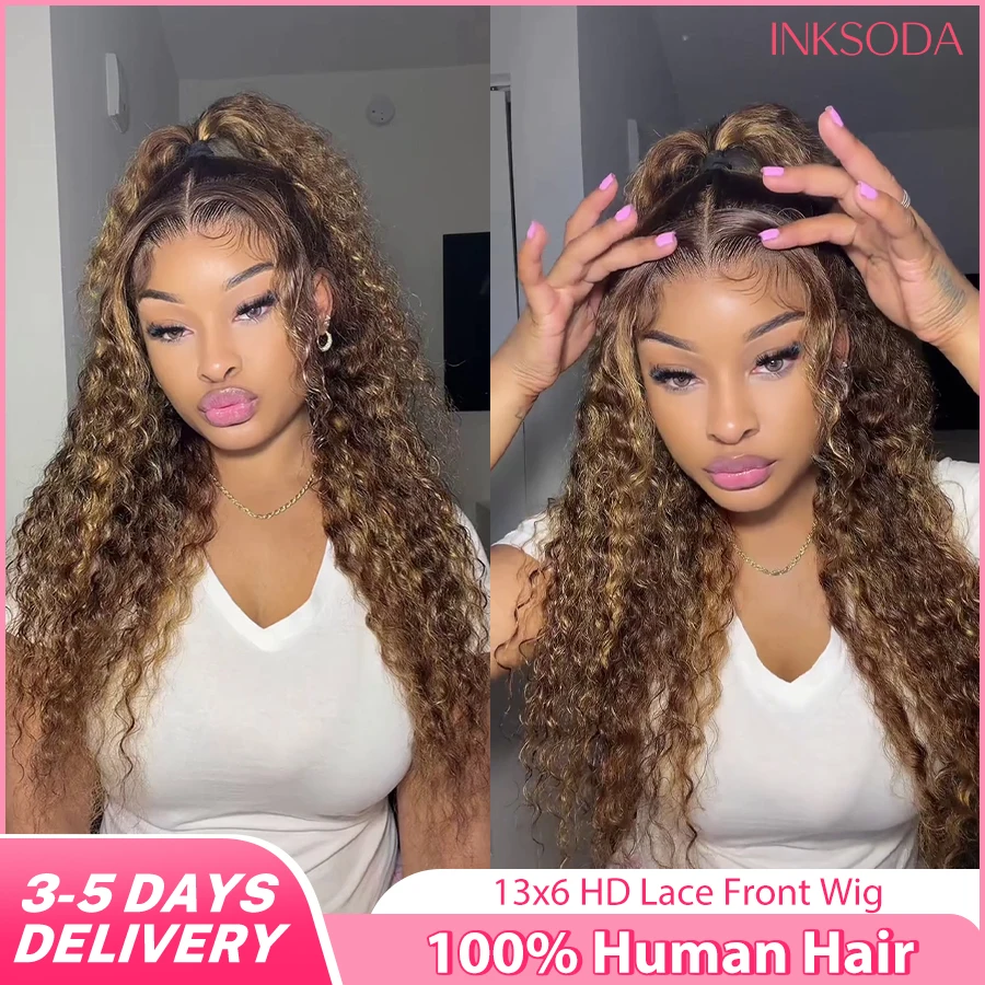 

Кудрявый парик с глубокими волнами, 13x6 HD, с кружевной передней частью, из натуральных волос, окрашенный в оттенках P4/27, омбре, коричнево-русый, для женщин.