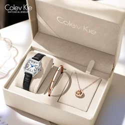 ColevKie Watch for Women Luxury Casual Business Women's Wristwatch Waterproof Leather Strap Fashion Square Quartz Watch Gift Set