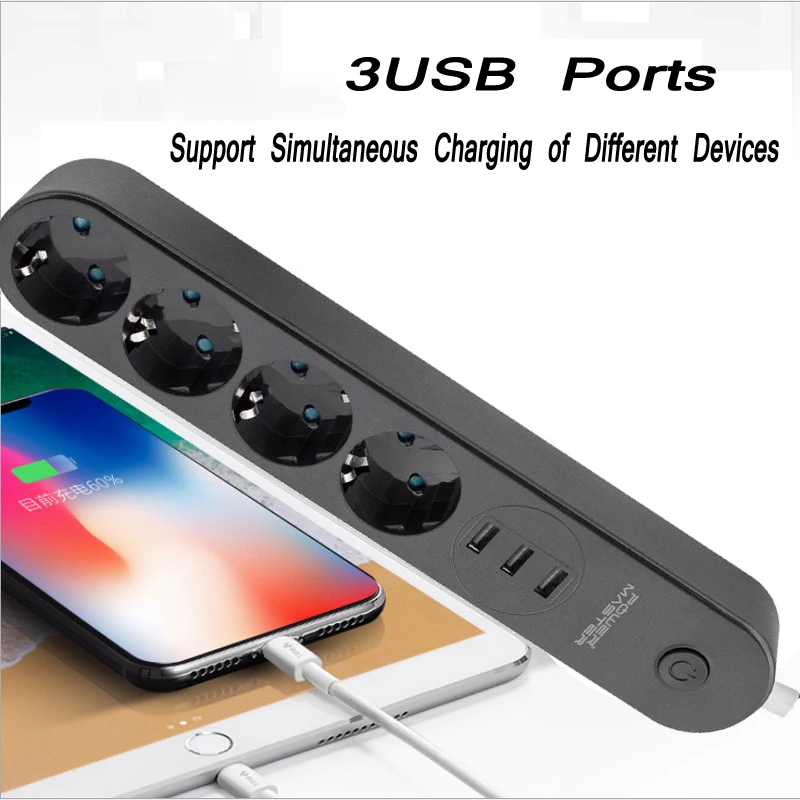 2 Round Power Strip USB Travel Adapter Socket 4 EU Plugs Sockets 3 USB Overload Protection 2M Extension Cable  for Home Office