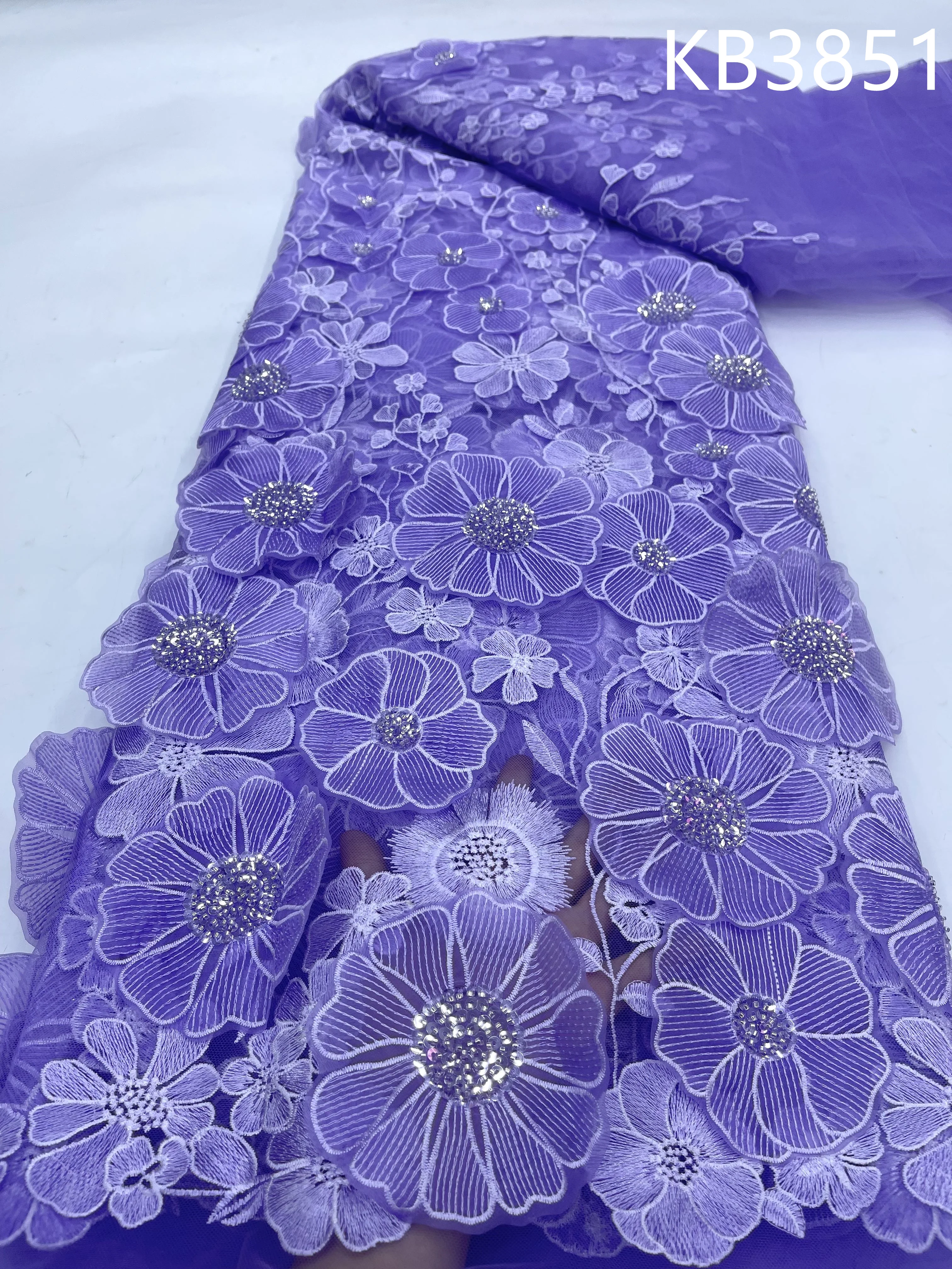 2024 Beads Embroidered Lace 3d Flower Lace Fabric Nigerian Wedding Party Dresses African 3d Flower Tulle Lace for Sewing KB3851