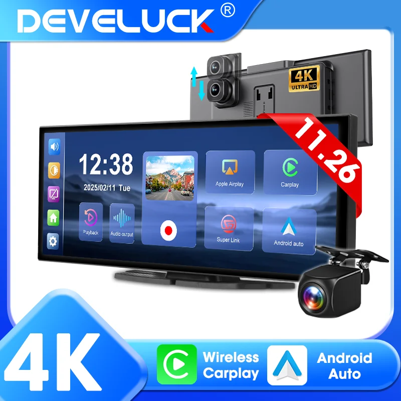 Develuck جديد 11.26 بوصة 4K DVR CarPlay اللاسلكية وأندرويد السيارات المحمولة داش كام شاشة السيارة مسجل فيديو 5G واي فاي الملاحة