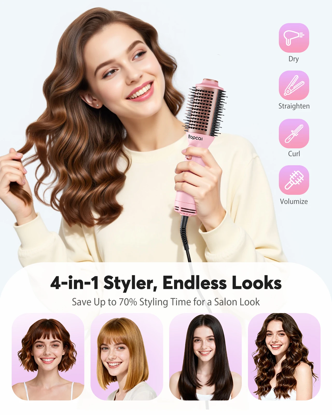 Portable Hot Air Brush, 100-240V, One-Step Hair Dryer And Volumizer Styler Negative Ion Hot Air Comb Hair Dryer For Travel