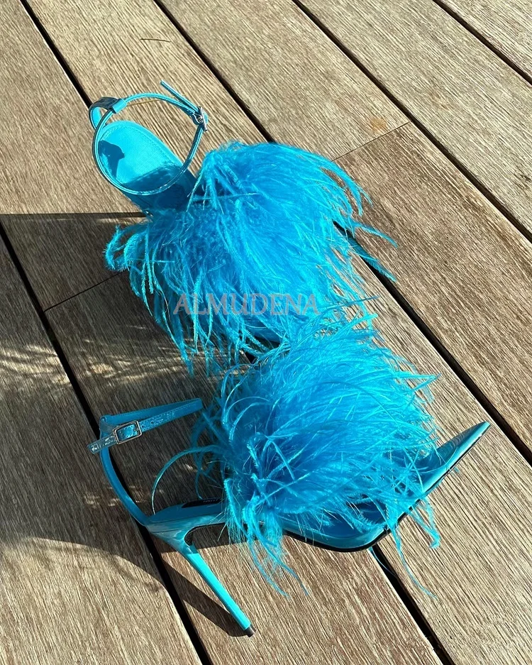 

Women Blue Feather Pointy Toe Stilettos Sandals 2023 Summer Real Leather Ankle Strap Black High Heels Sexy Party Dress Shoes