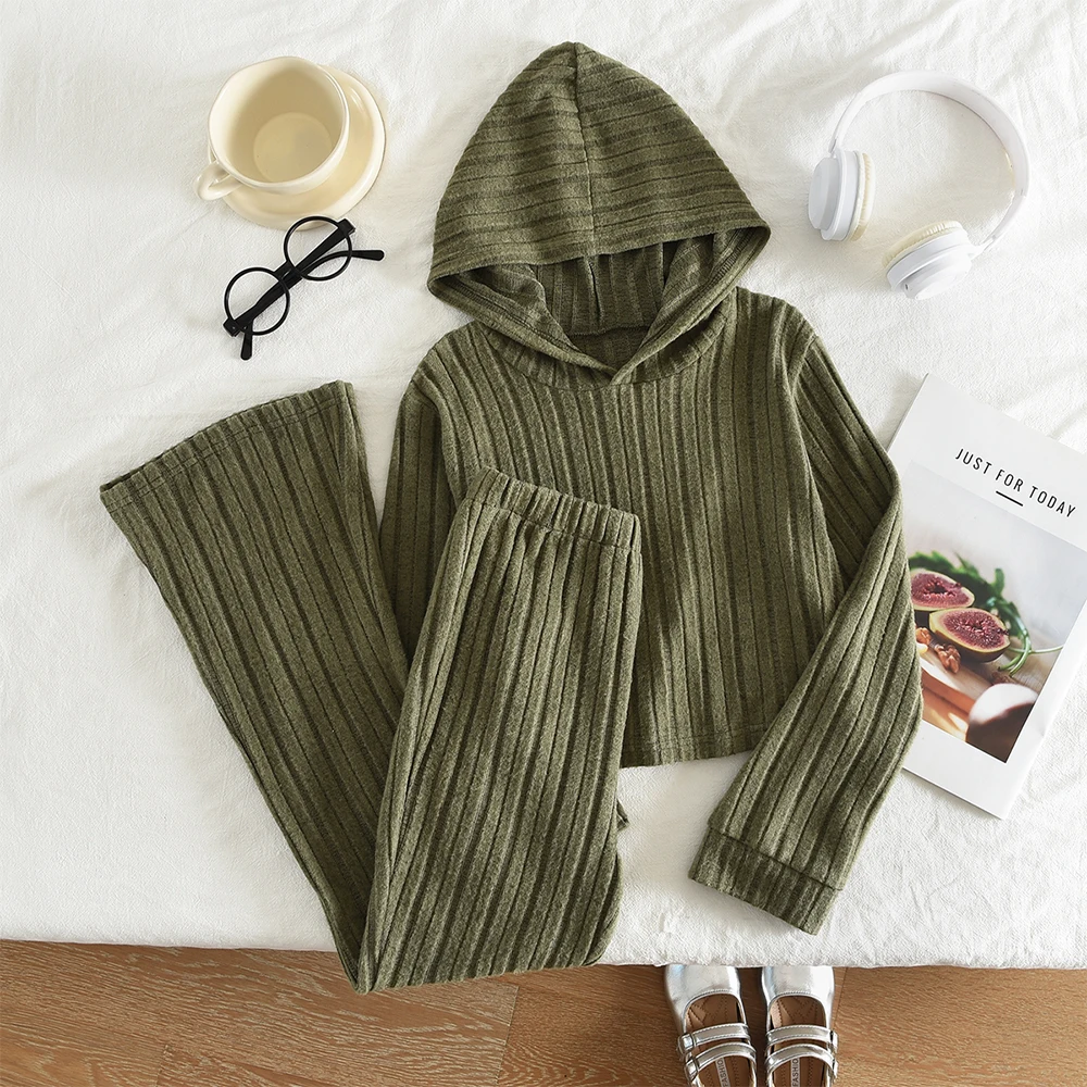 

Зеленый комплект для девочек-подростков в стиле ретро, весенне-осенний топ с капюшоном и брюки с длинными рукавами, однотонная детская повседневная одежда