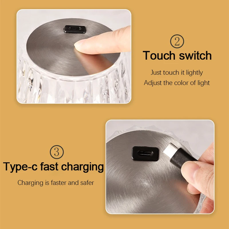 Crystal Table Lamps Diamond Retro Led Bar Desk Lamp USB Rechargeable Eye Protection Night Light for Bedroom Hotel Office Wedding