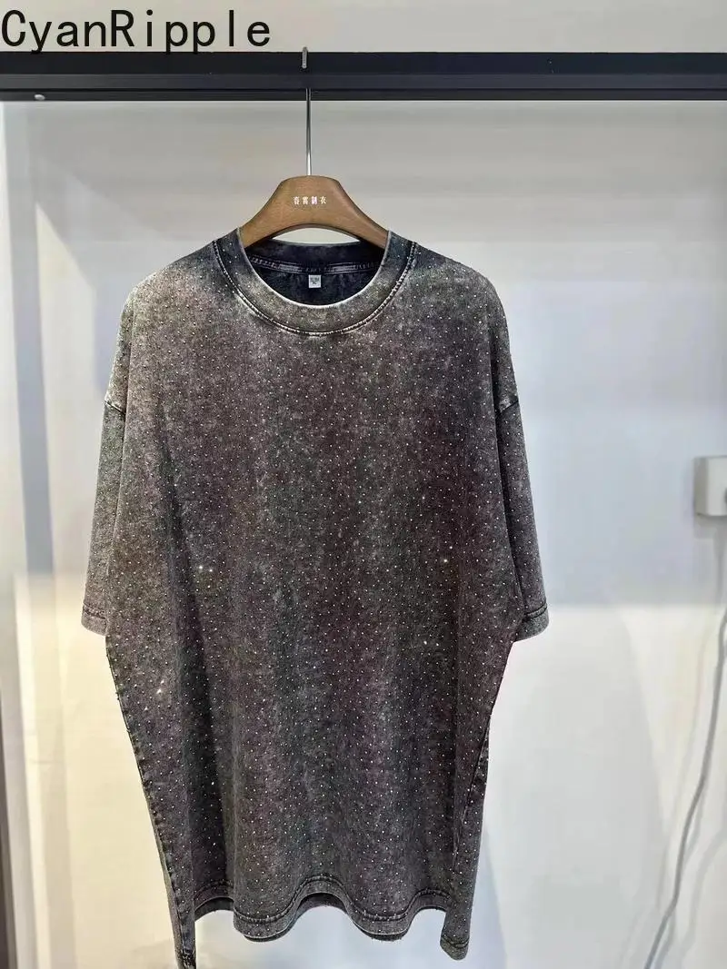 American Street Vintage Half Sleeve Spring Summer T-shirts Mid-long Round Neck Oversize Pullover Top Full Diamonds Cotton Tees