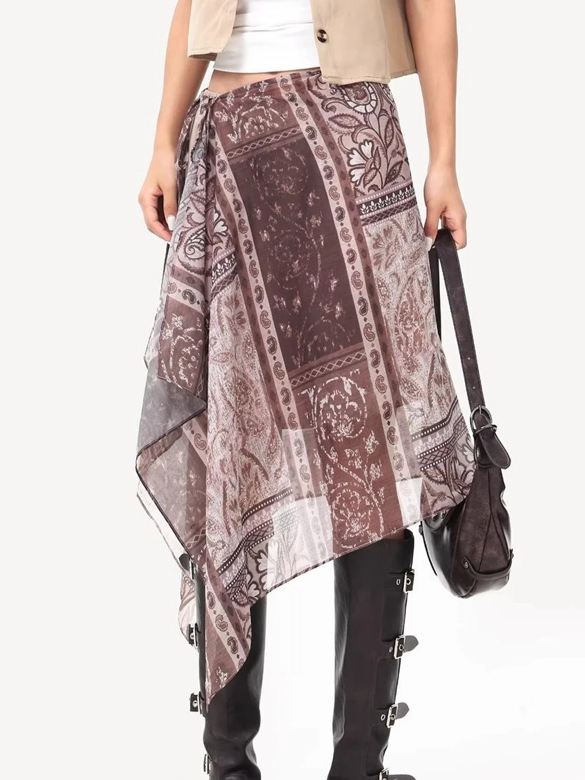 Bohemian Asymmetrical Wrap Skirt Women's Brown Paisley Print Chiffon Midi Skirts 2000s Grunge Y2K Unique Hip Hop Dress Harajuku
