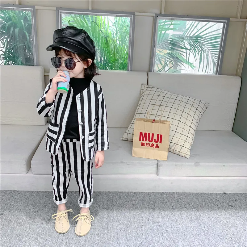 

Children Clothing Set Girls Striped Personality 2023 New Fashionable Spring Autumn Coat and Pants Casual Two Piece Set