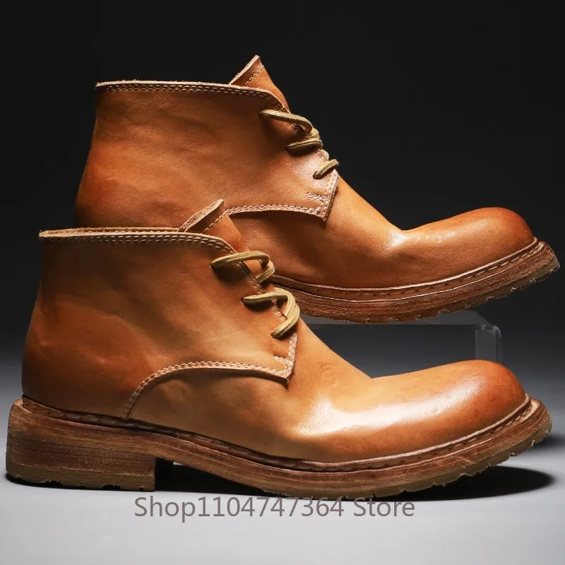High End Genuine Leather Western Boots Men's Shoes Thick Sole Casual Cowhide Work Outdoor Desert Chelsea Motorcycle Boots Male
