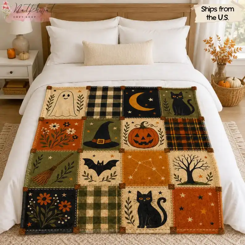 Vintage Halloween Blanket, Ghost Black Cat Pumpkin Throw, Witch Hat Bat Patchwork Decor, Rustic Cottagecore Fall Gift
