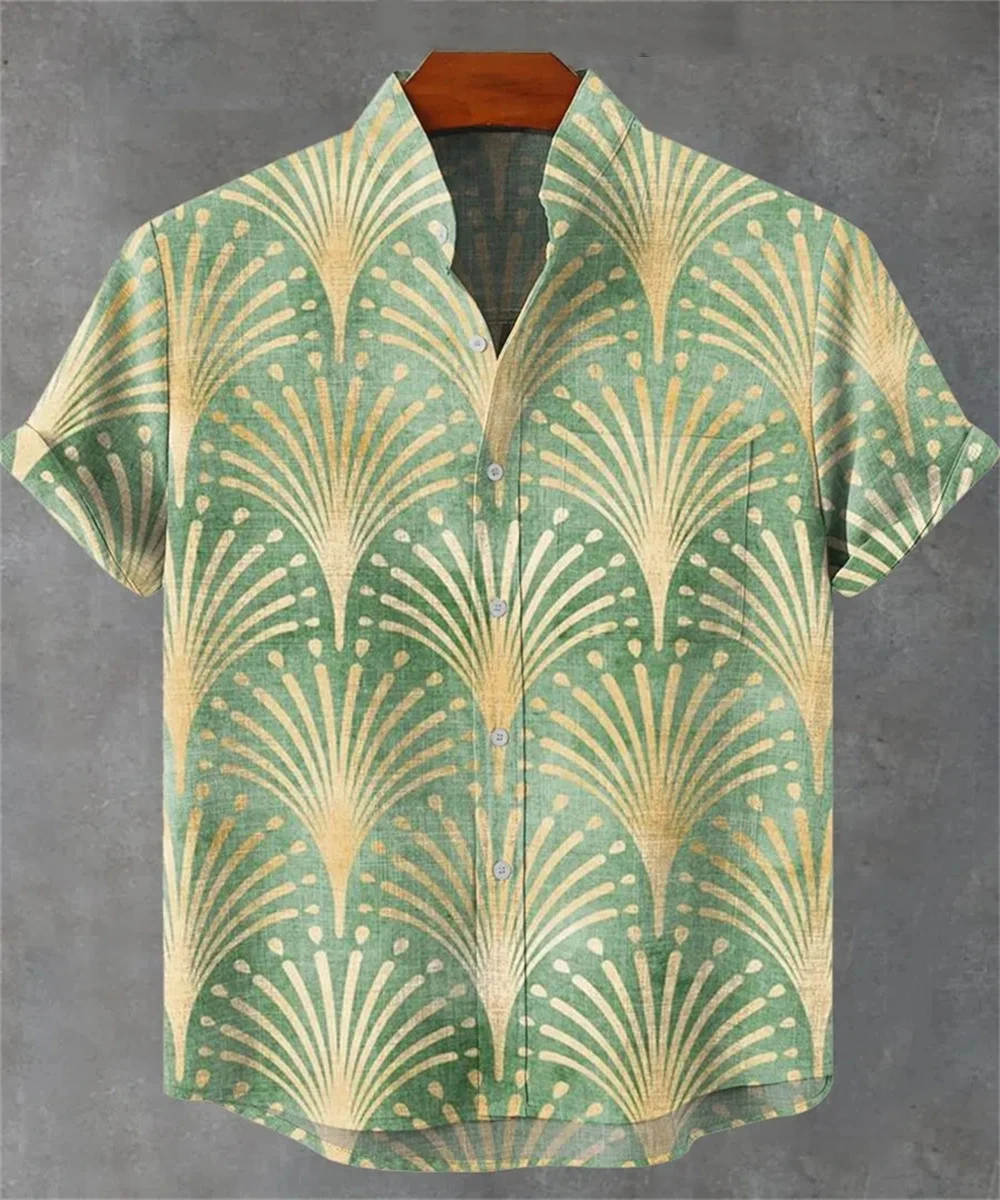 Mens Summer 2025 Comfortable Linen Short Sleeve Shirt Elegant Symmetrical Graphic Print Mens Casual Stand Collar Top