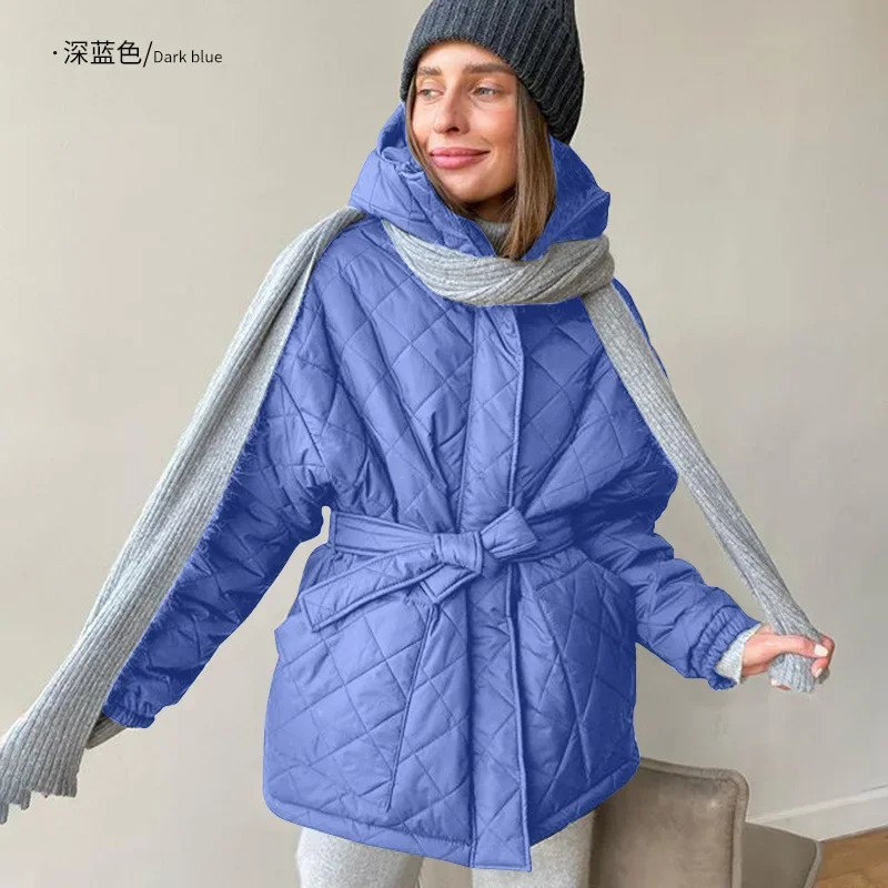 2023 Winter Fashion European Women Cotton Coat Hooded Slim Fit Strap Thick Warm Parkas Mid Length Women Snow Wear Overcoa