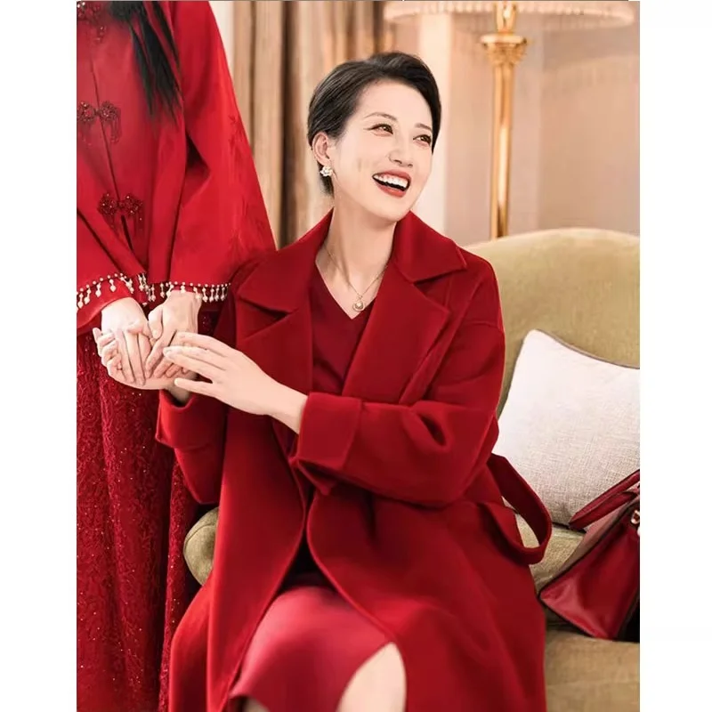 

Ele красное двустороннее пальто-камерер, женское весенне-зимнее пальто 2026, новая шерстяная верхняя одежда для свадебного банкета, женская одежда для поездок на работу