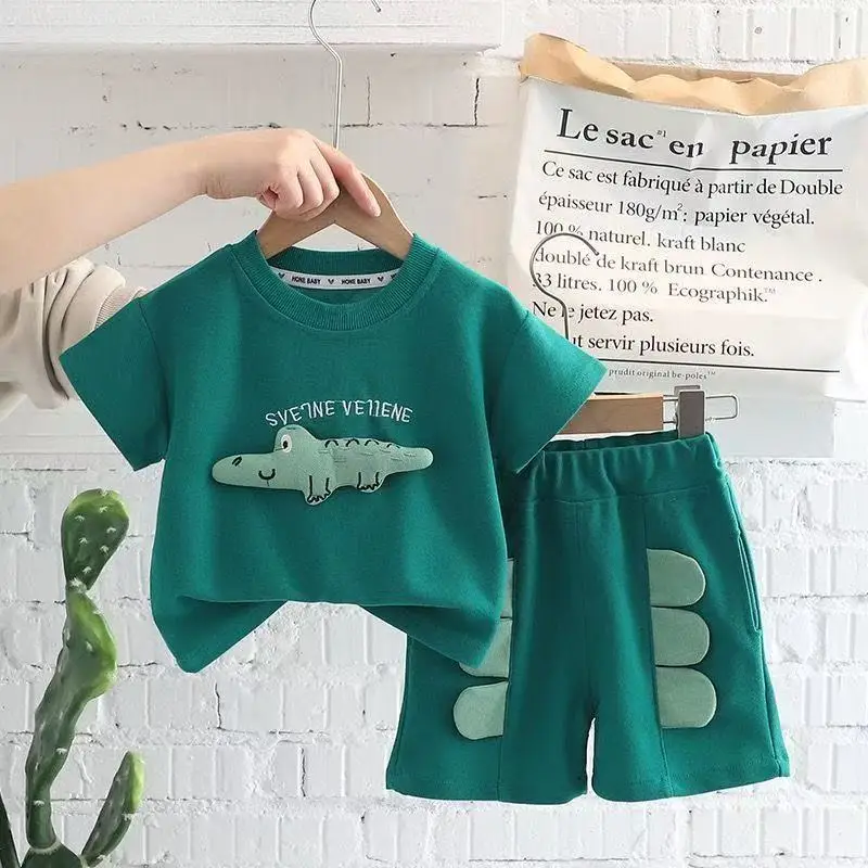 2026 Summer Casual Newborn Baby Boys Toddler Big Dinosaure Short Sleeve Tops Pants 2Pcs/set Cotton Kids Outfits Clothing