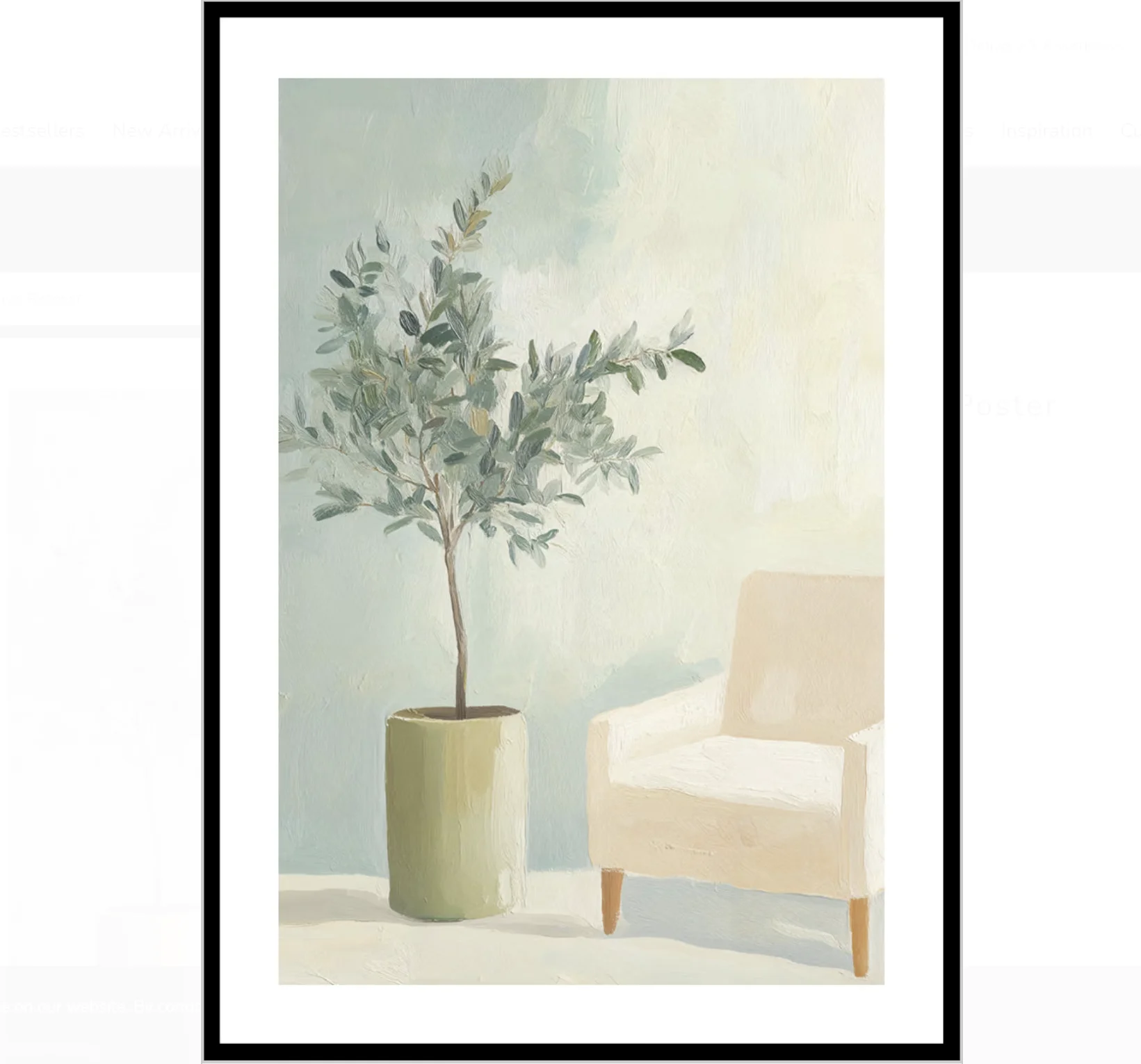 Boho Minimalist Olive Plant Chair Wall Art Canvas Prints Decor, Gentle Green Interior Poster for Farmhouse Bedroom Home