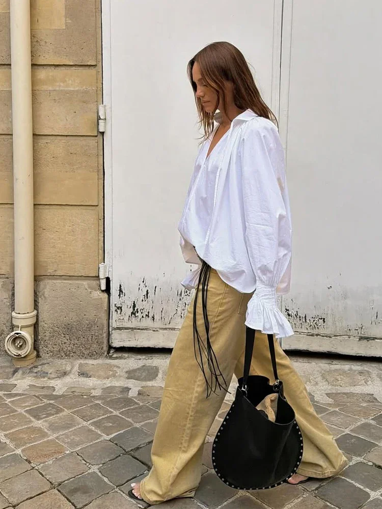 Women White V Neck Tie Front Lantern Sleeve Shirt Loose Fit Ruffle Cuff Blouse Chic Elegant Casual Streetwear Top view 4
