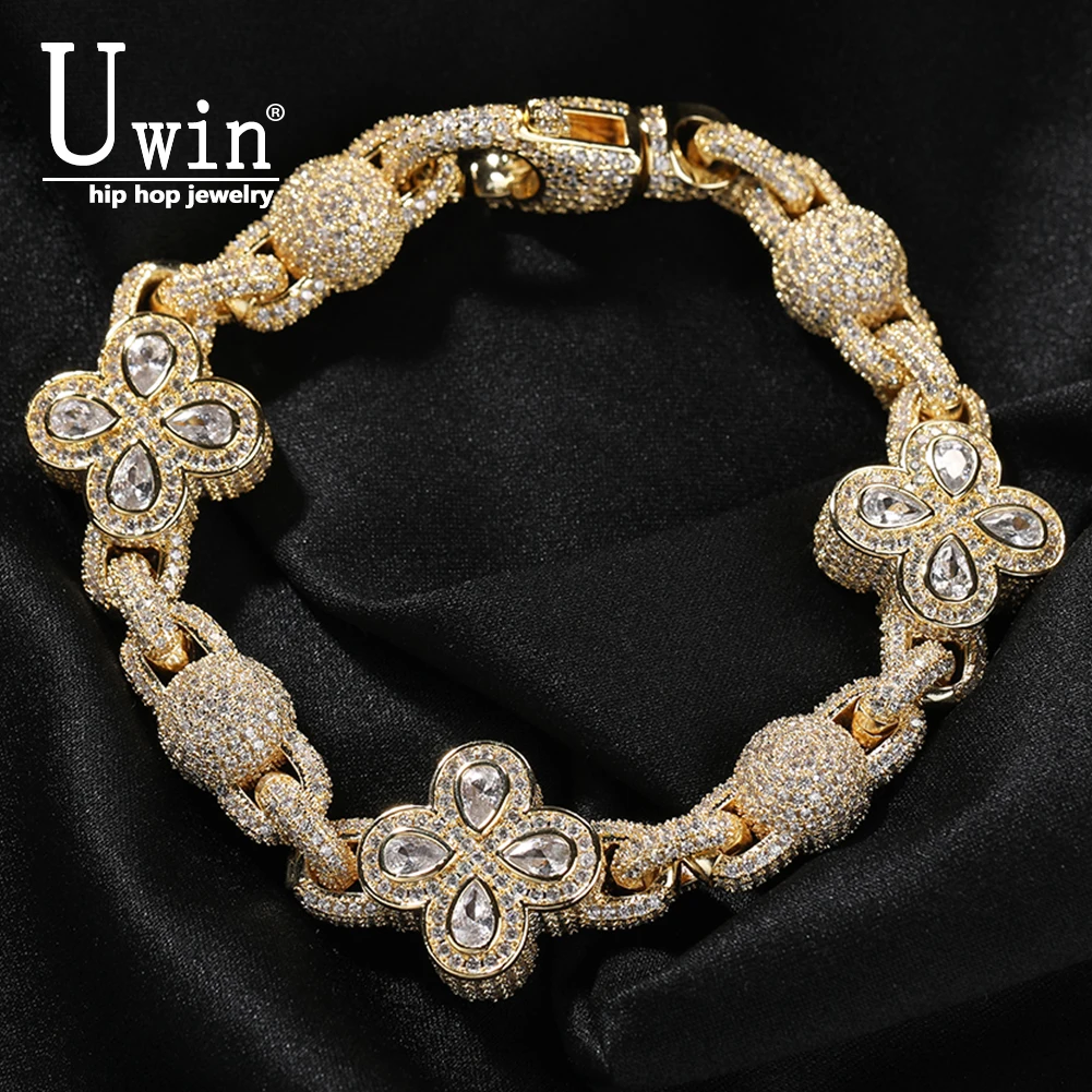 

UWIN Bead Bracelet With Flowers Iced Out Cubic Zirconia Ball Bangle Fashion Luxury Hiphop Jewelry