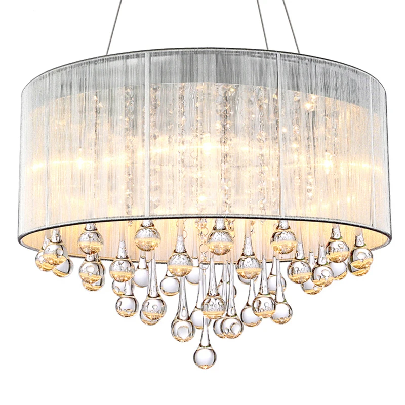 

Modern brief fashion crystal chandeliers light fixture home deco living room fabric lampshape LED E14 bulb chandelier lamp