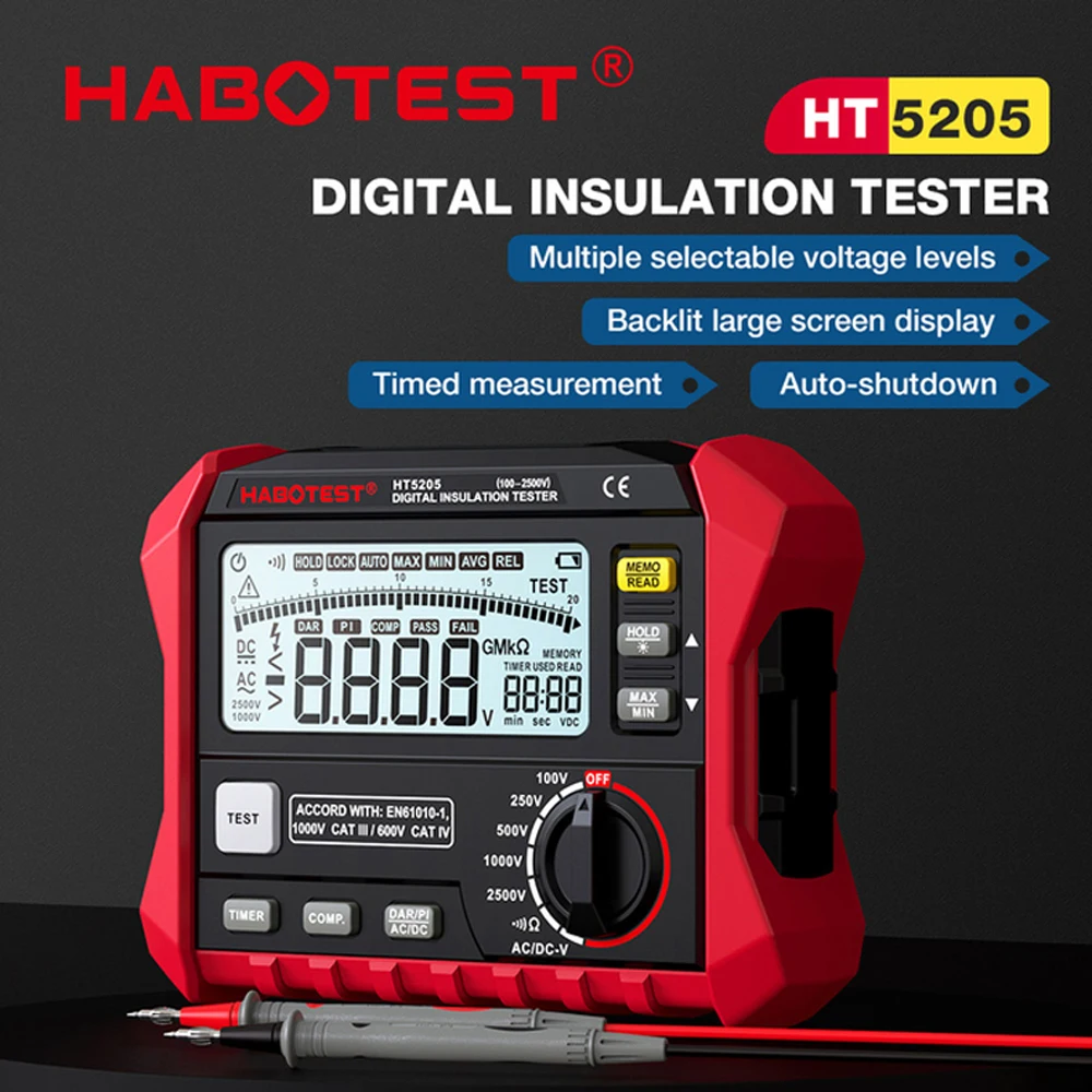 HABOTEST HT5205 Digital Insulation Resistance Tester High-Precision 2500V Voltmeter Resistance Meter 0~200GΩ Megohmeter Ohmmeter