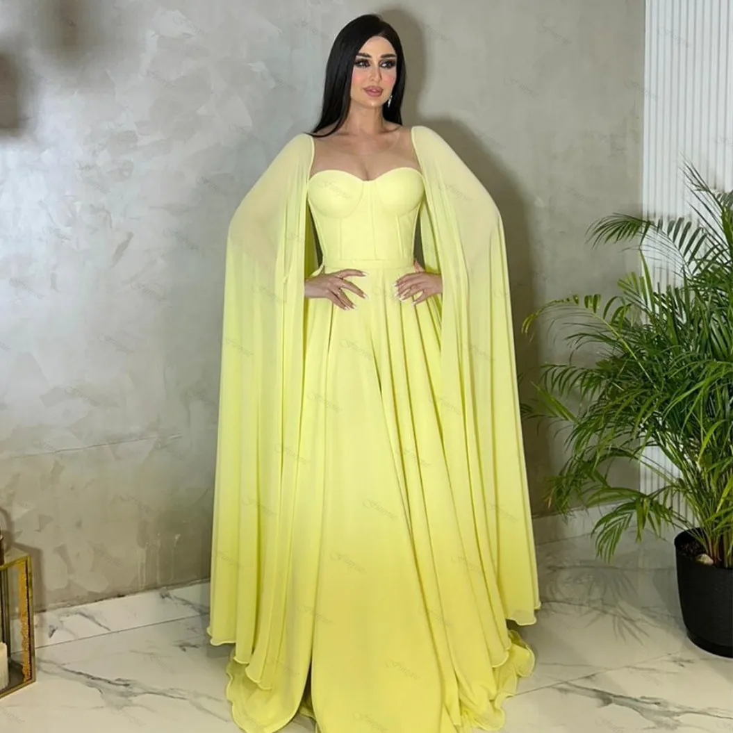 

Elegant Long Yellow Chiffon Evening Dresses A-Line Sweetheart Pleats Floor Length Abendkleider Robes de Soirée for Women Formal