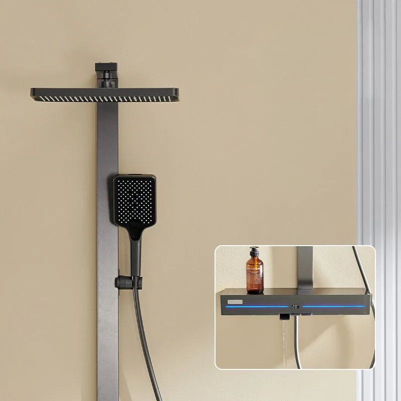 Thermostatic Shower Head Set Hotel Bathroom Atmosphere Light Three-level Pressure-increasing Shower Set Grey Complete Set