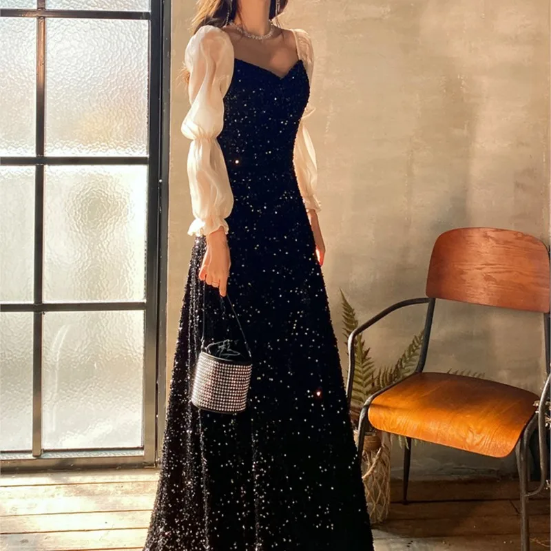 

Black banquet new temperament host coming-of-age ceremony long sleeve dress