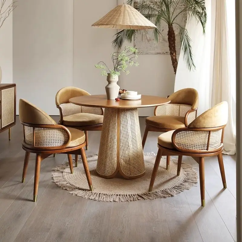 Solid wood round table household modern simple rattan dining table and chair combination