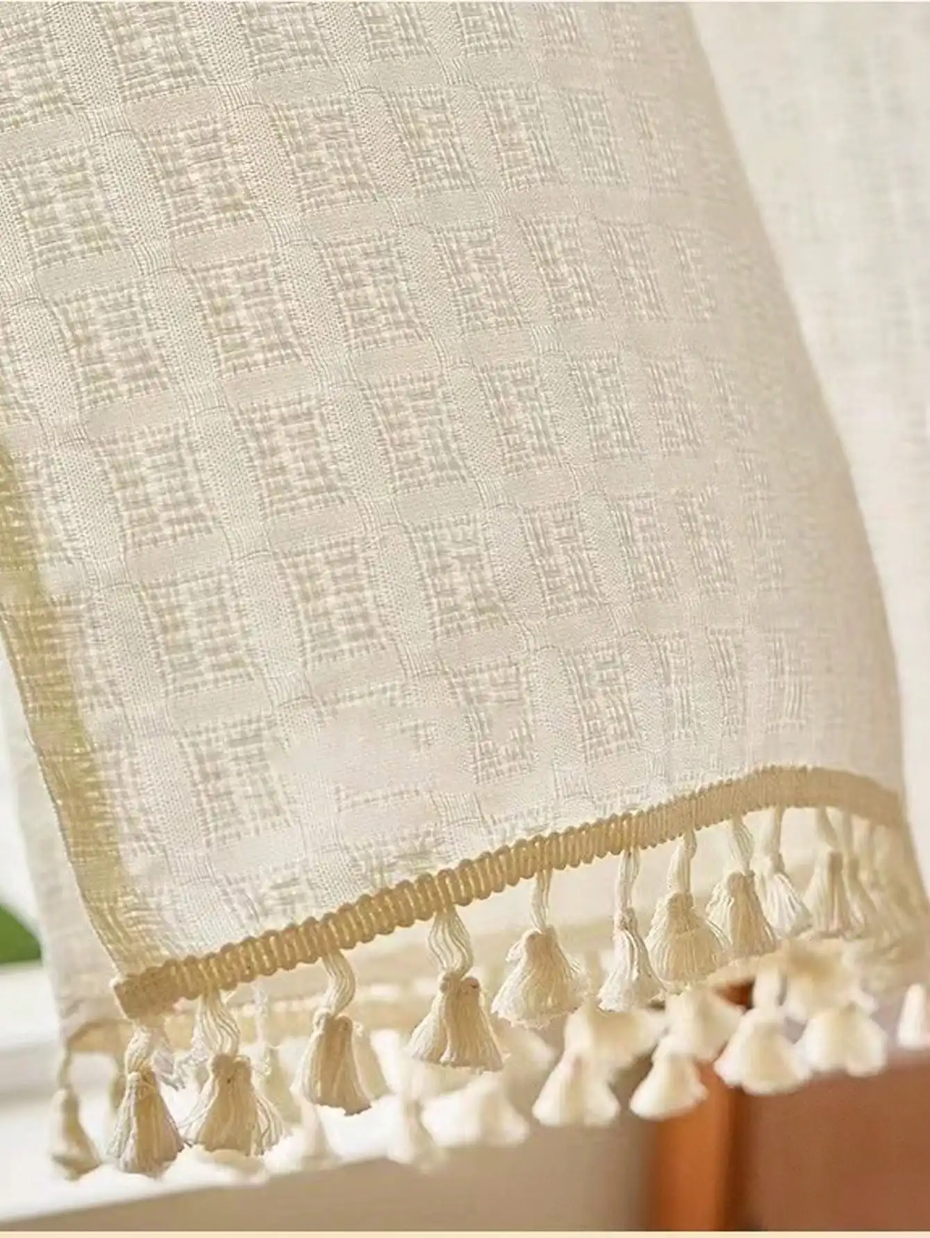 1Pc Natural Style Simple Beige Field Grid Curtain Single Piece Minimalist Window Treatment for Home Decor