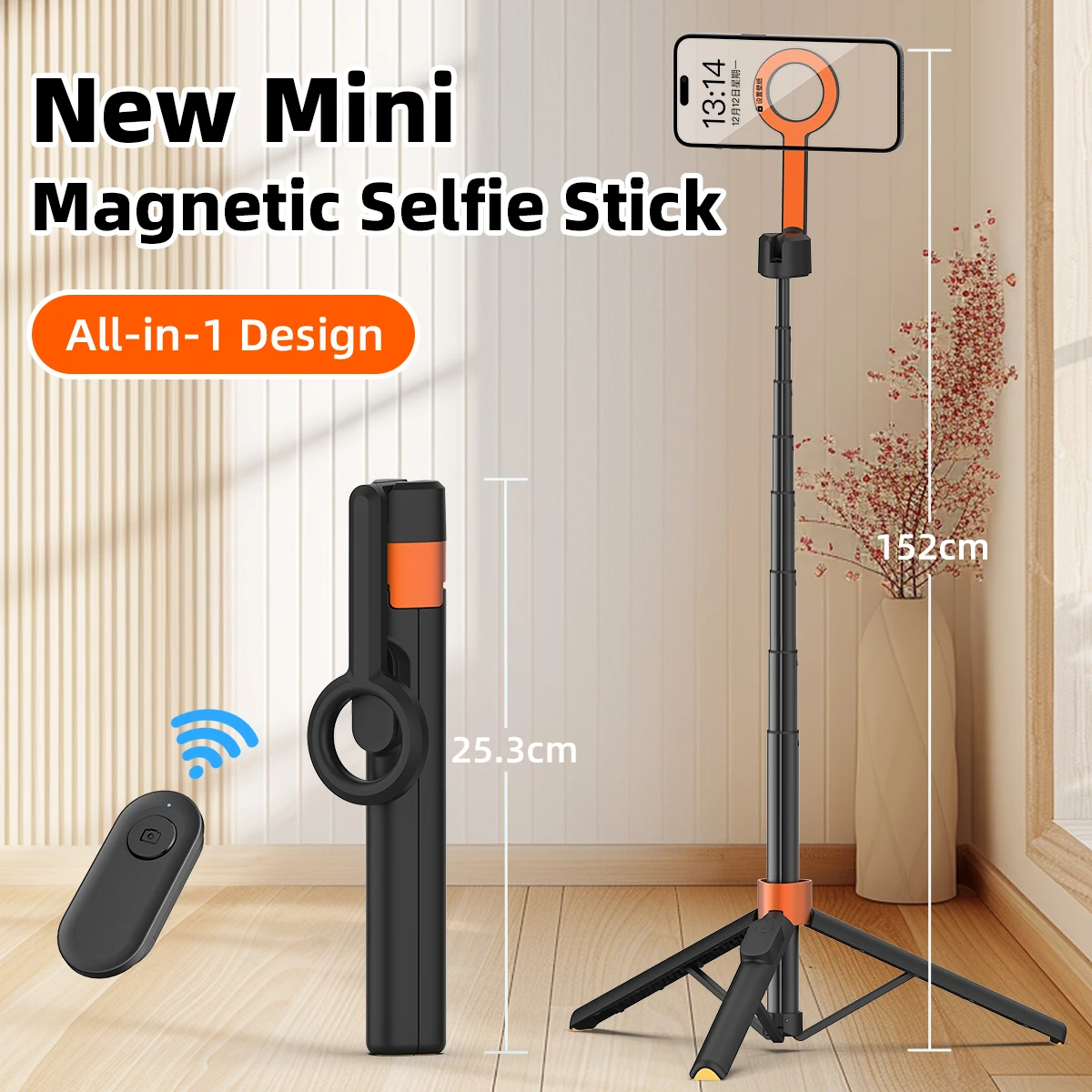 

Магнитный штатив 60 дюймов для iPhone, магнитная селфи-палка, совместимая с iPhone серий 12-17, с металлическим кольцом