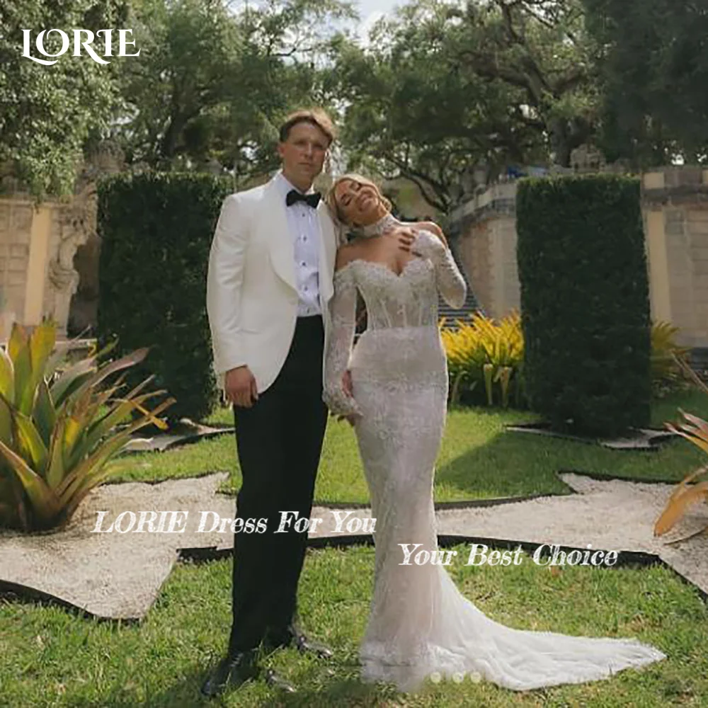 LORIE Vintage Lace Mermaid Wedding Dress Sexy Off Shoulder Long Sleeve Bridal PartryGown Backless Princess Bride Gown Customized image 6