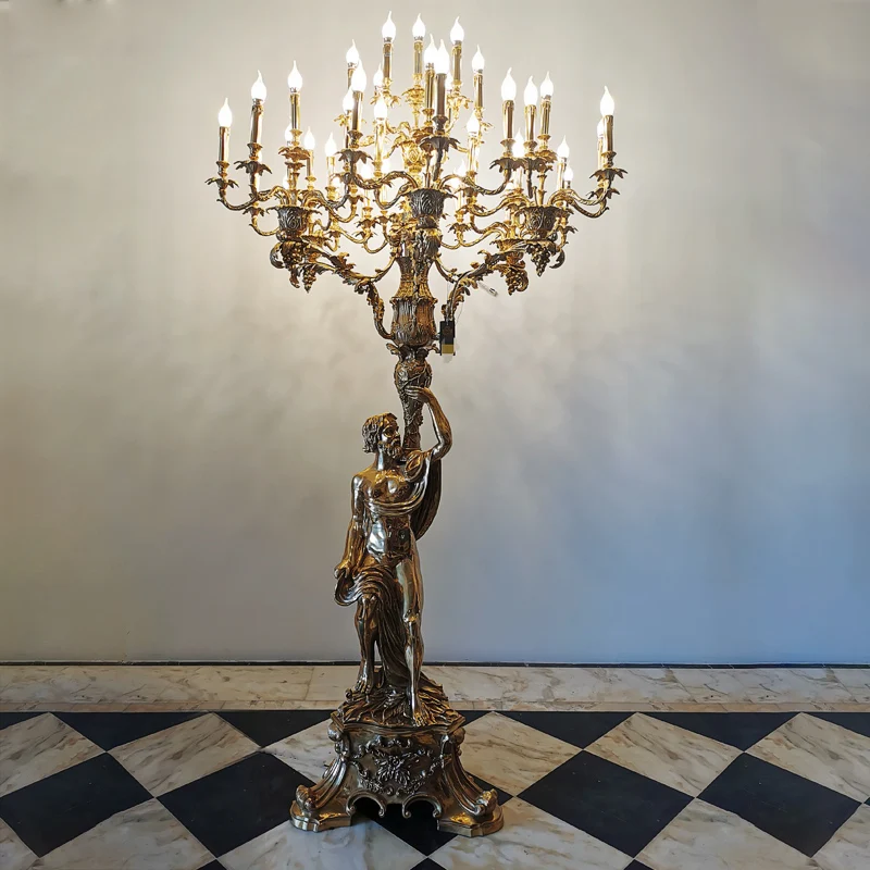 Hotel decoration luxury antique European emperors gold-plated brass god handheld candle lighting bronze floor lamp