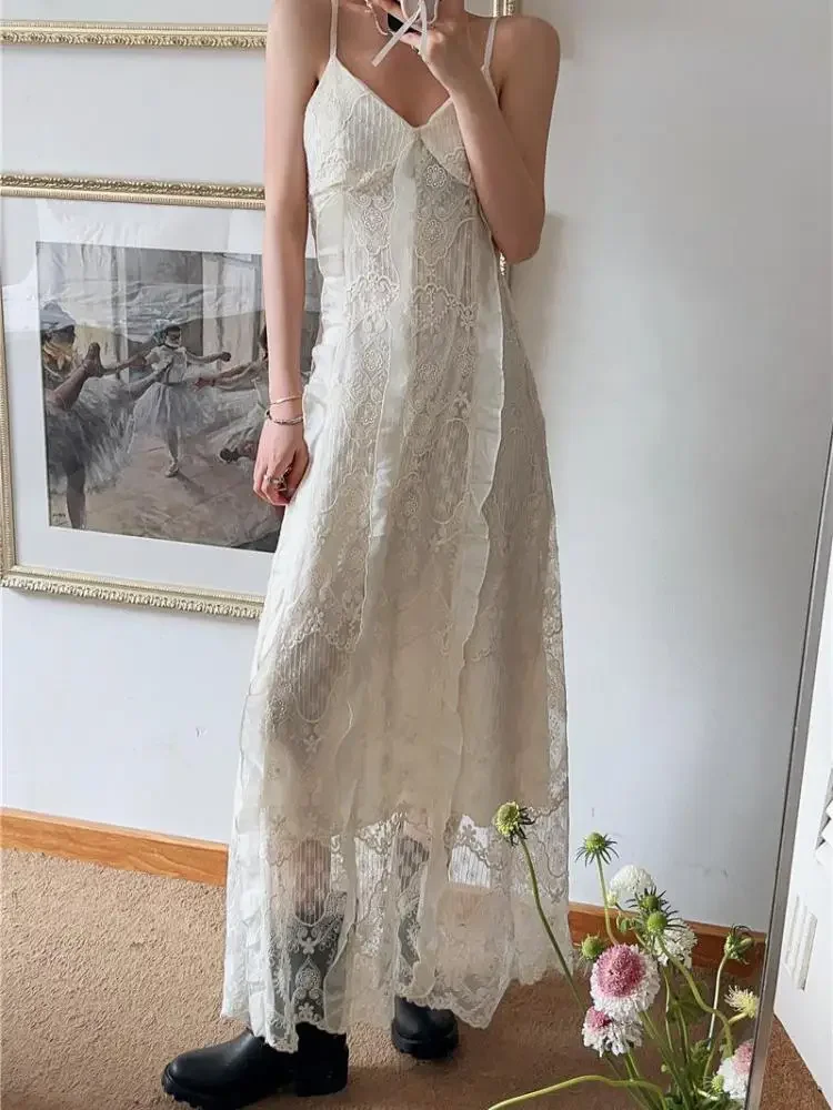 Summer Gothic Lace Dress Sexy Maxi Dress Halter Y2k Vintage Women Dress Elegant Streetwear Fairycore Ladies Dresses
